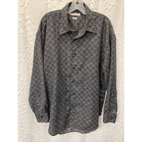 Robert Stock Other - Robert Stock Mens Navy Blue And Tan Pattern Long Sleeve Button Shirt Size Large